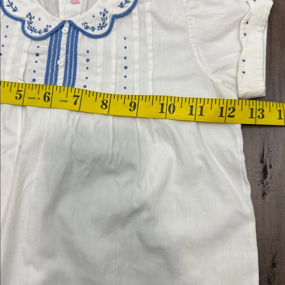 Vintage handmade White‎ Baby Romper with Blue Embroidery